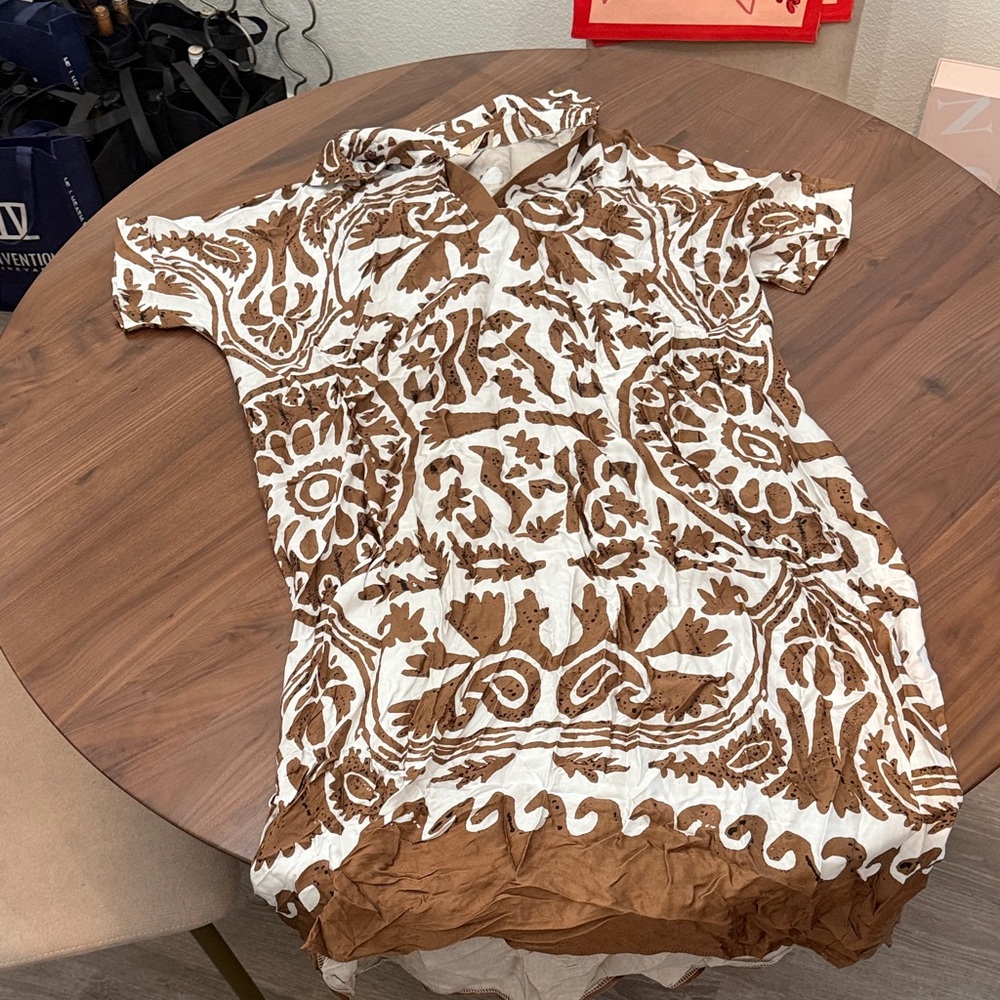 Brown and White Patterned Silk Dress
